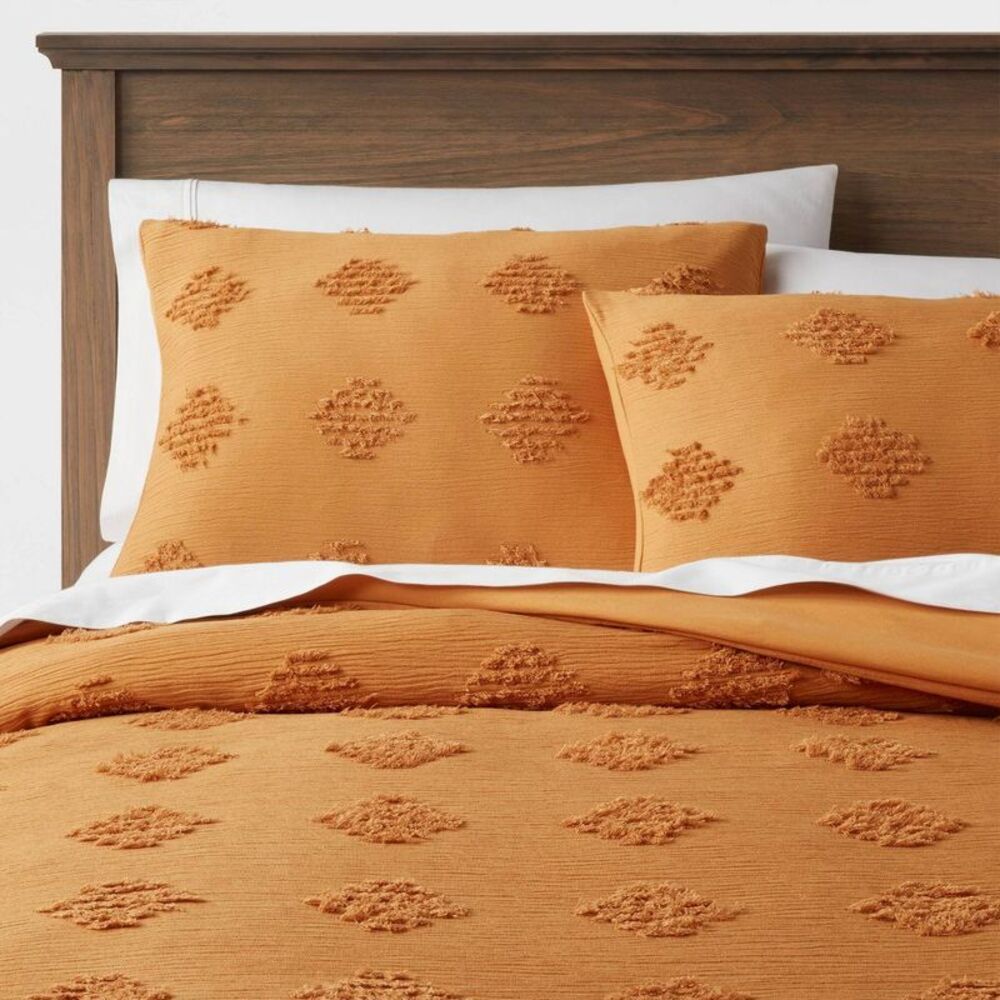 King Tufted Diamond Crinkle Duvet Cover & Sham Set - Dark Gold Yellow